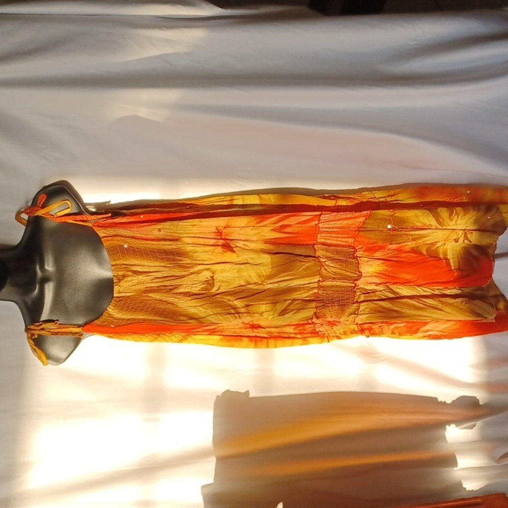 Punta Cana Dress, comfy, orange, yellow, brown,  tie shoulders